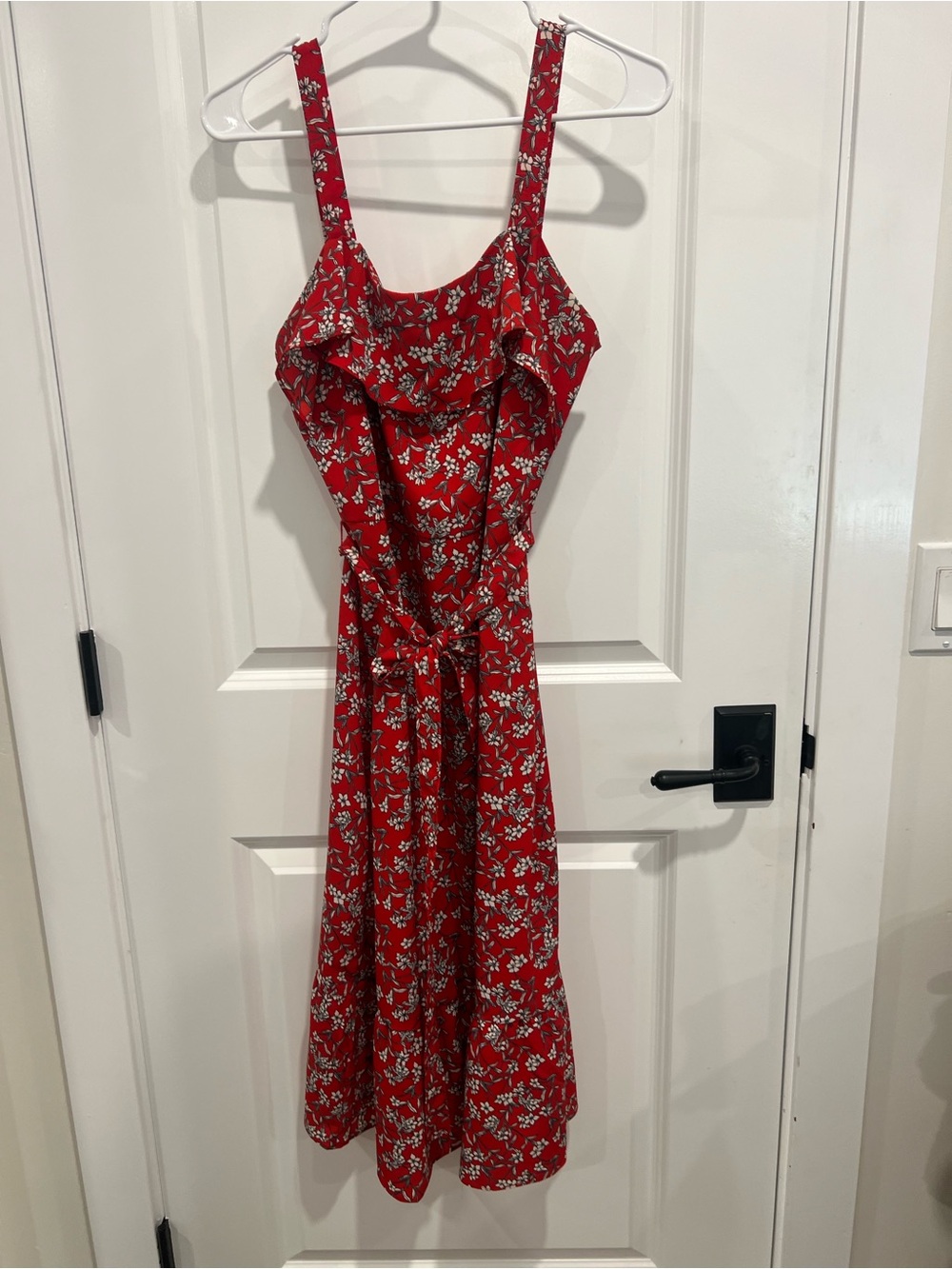 Banana Republic Red Floral Midi Dress with Tie Waist and Ruffle